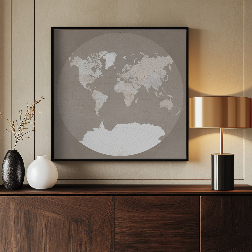 Canvas print - The world map in a circle, muted brown by the entrance