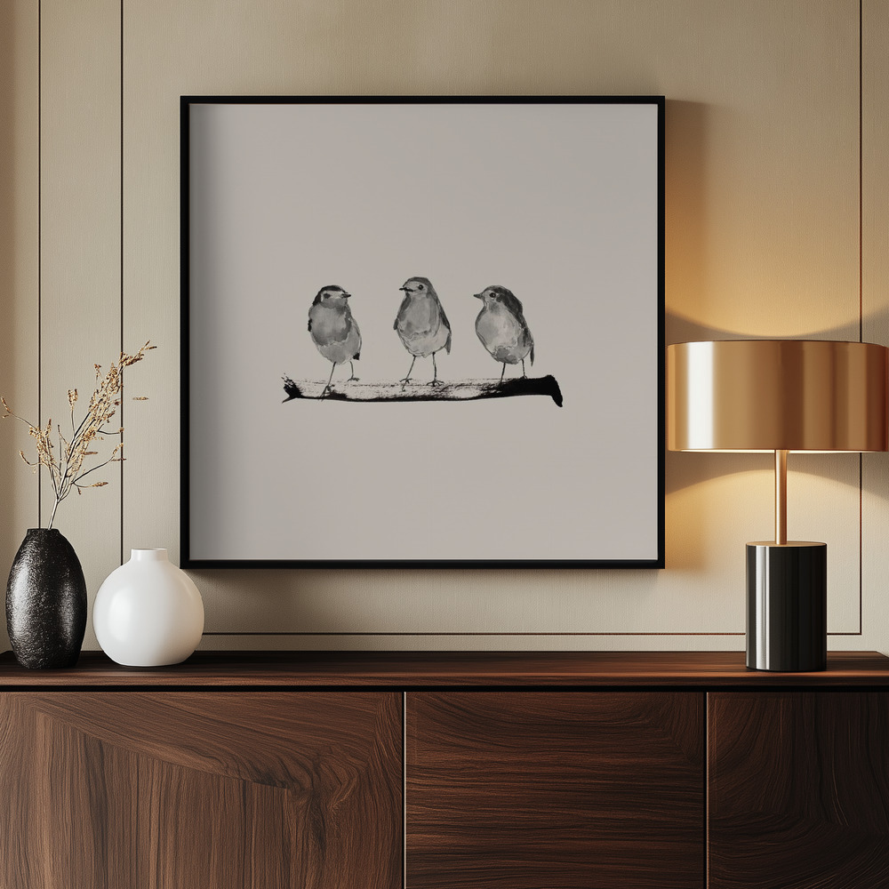 Leinwandbild - Robins   Three On a Branch 20x20 am Eingang