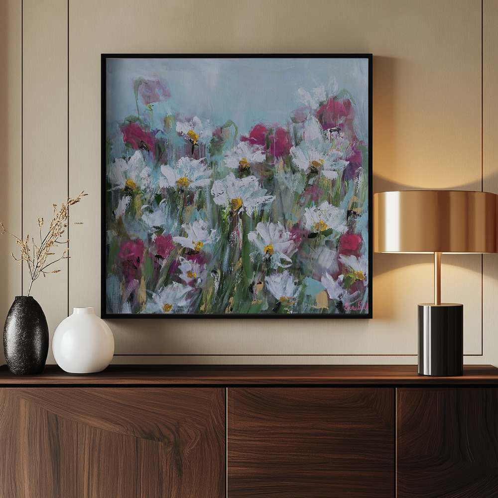 Canvas print - White Daisies and Pink Blossoms by the entrance