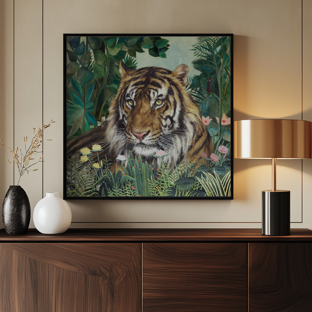 Leinwandbild - Reclining Tiger In a Rousseau Landscape am Eingang