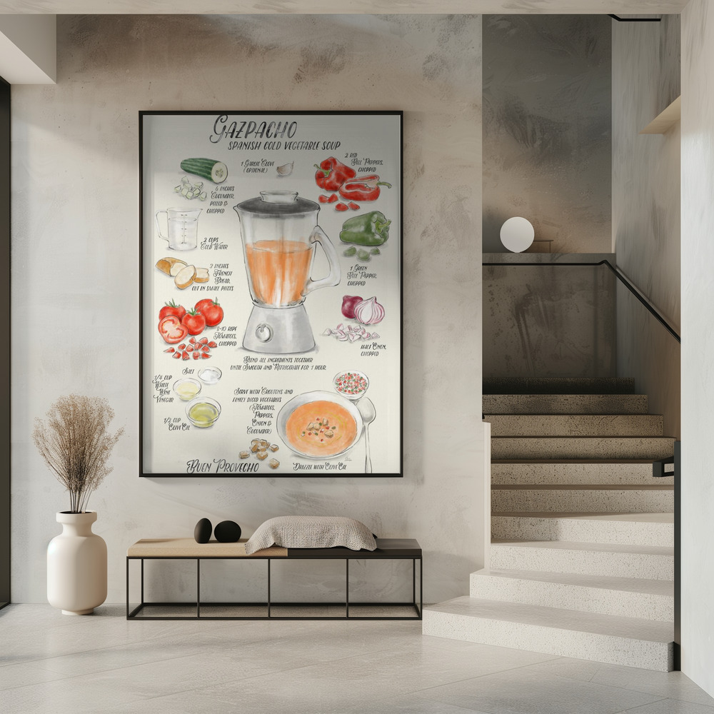Plakat - Gazpacho illustrated recipe in English i indgangen
