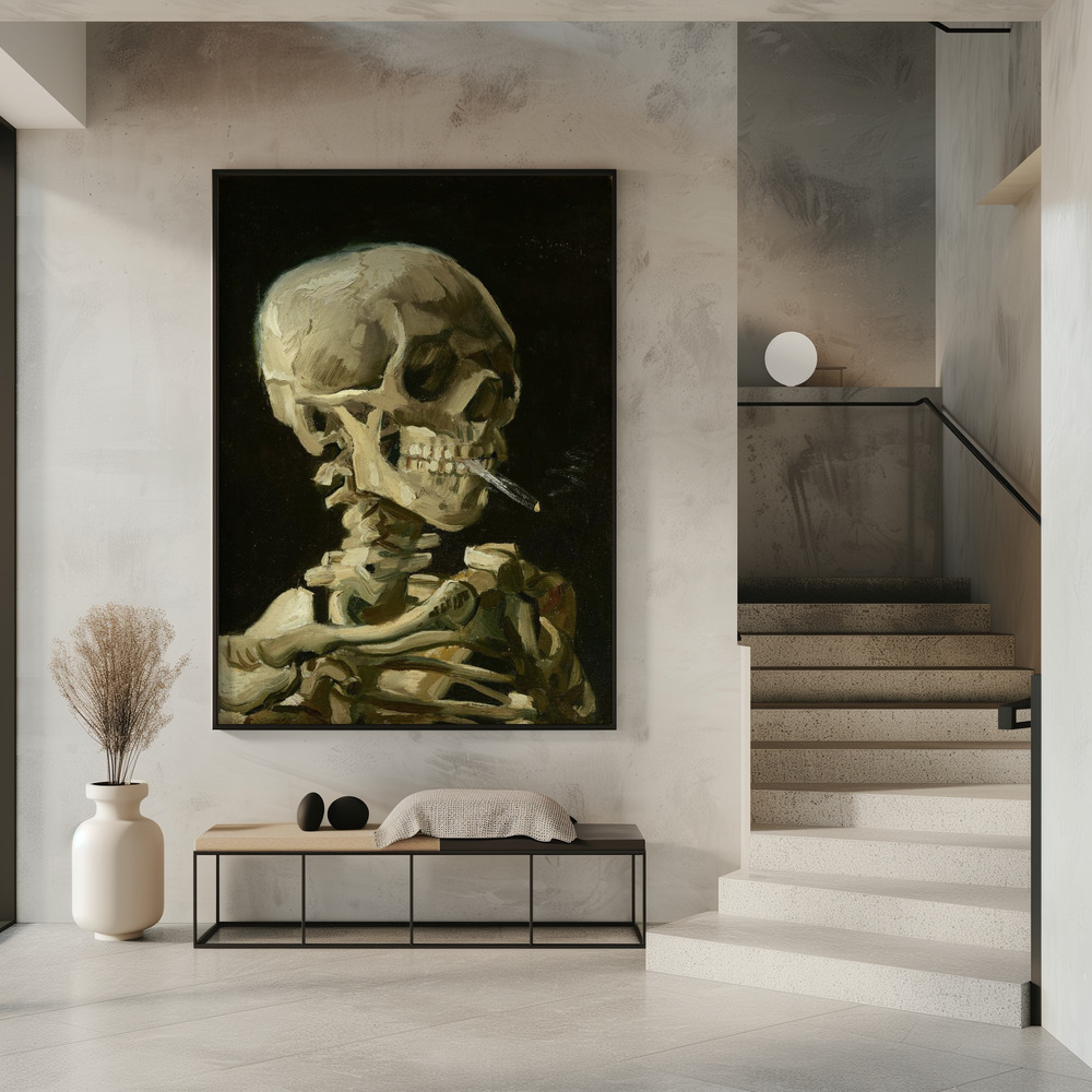 Poster - Head of a skeleton with a burning cigarette in entrance