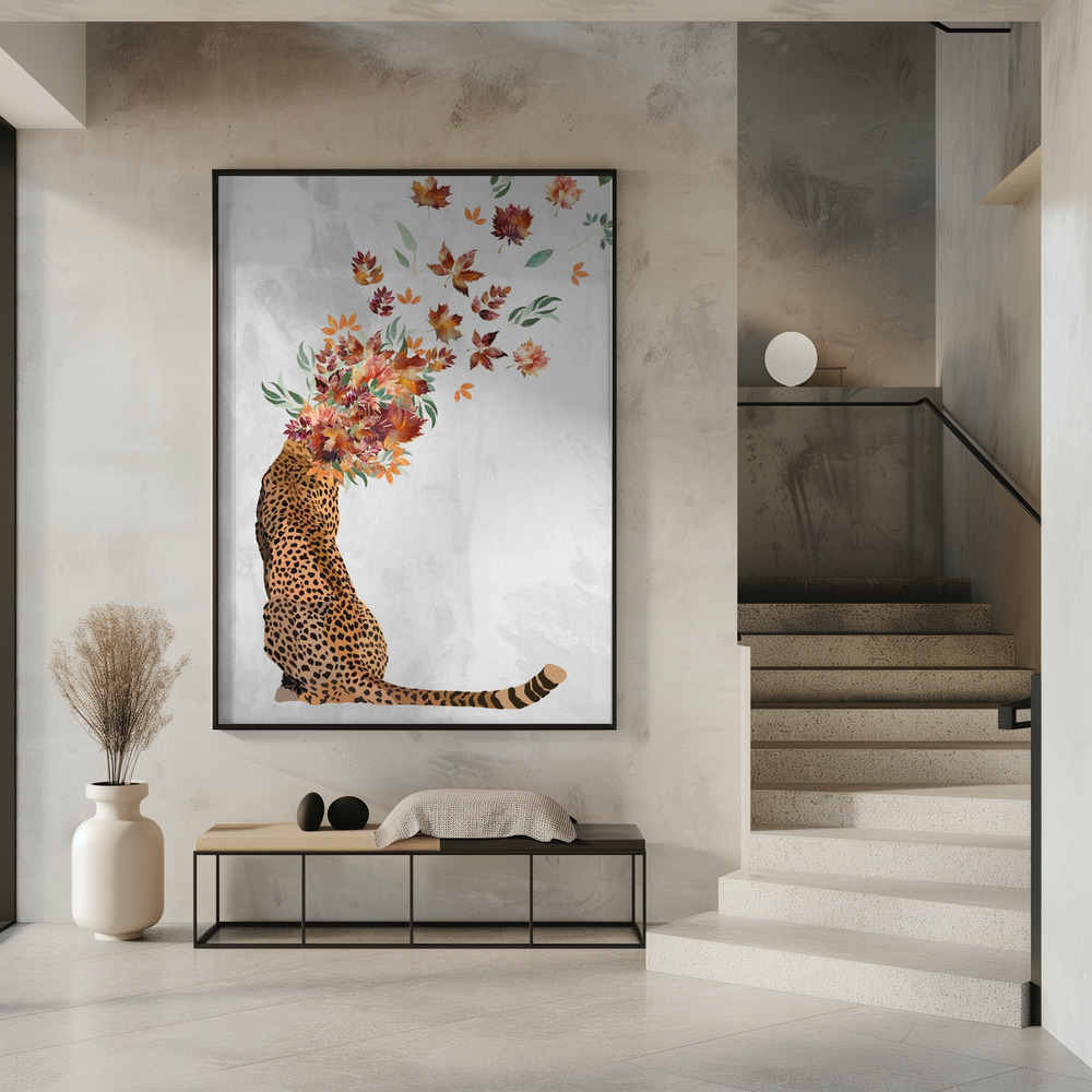 Poster - Cheetah Autumn Leaves Head in entrance
