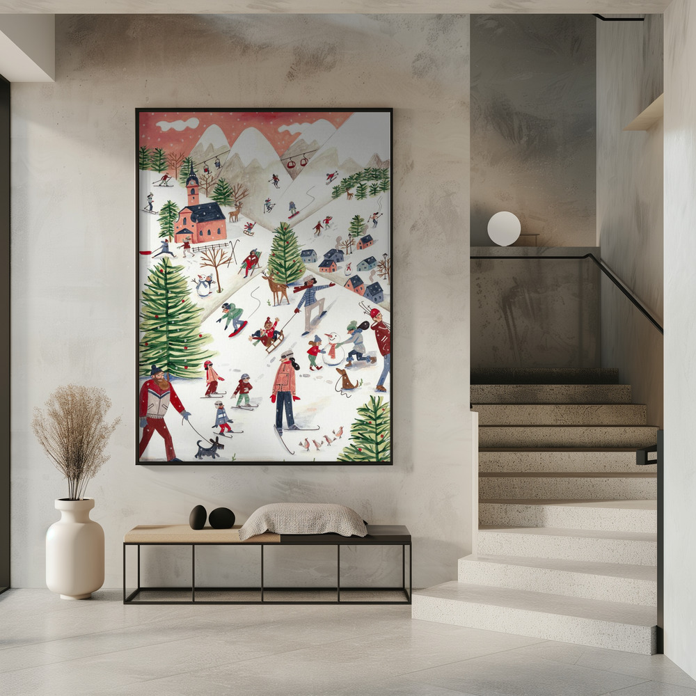 Poster - Mountain landscape with houses in the snow in entree