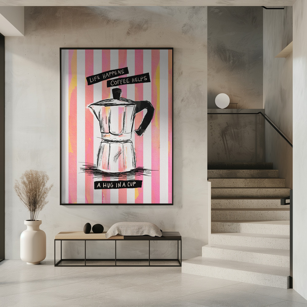 Poster Mocca Coffee on Stripes - Hug in a Cup - Affisch i entré