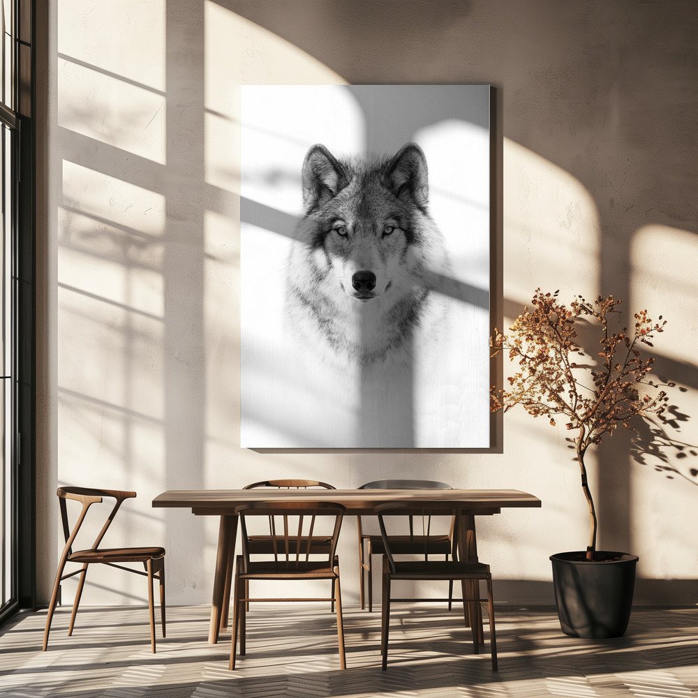 Canvas schilderi - Portrait of a Timber Wolf boven eettafel