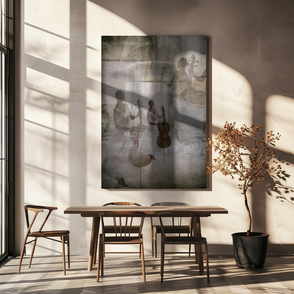 Lienzo - The stage fright of the cellist sobre la mesa del comedor