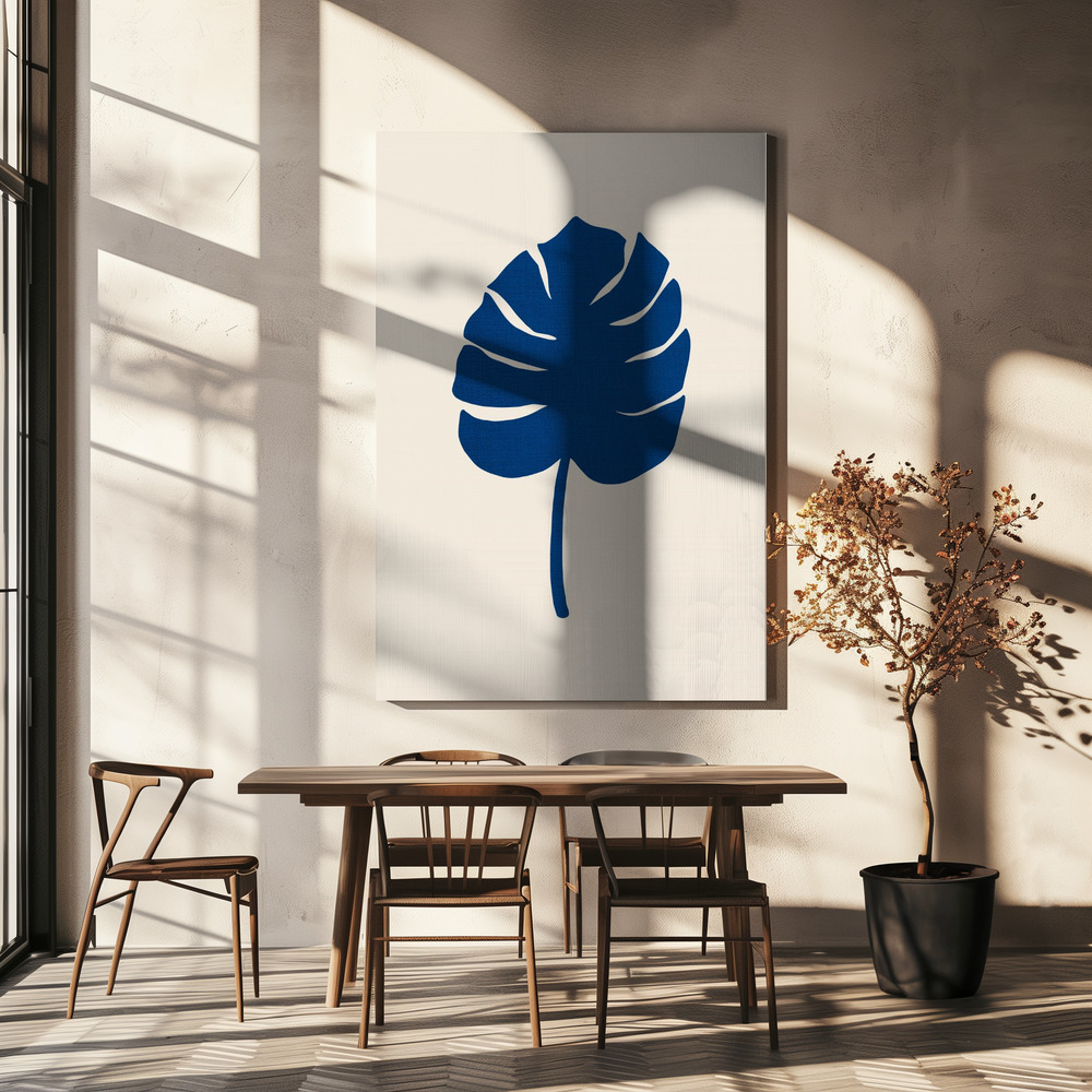 Obraz na płótnie - Monstera Canvas Blue nad stołem jadalnym