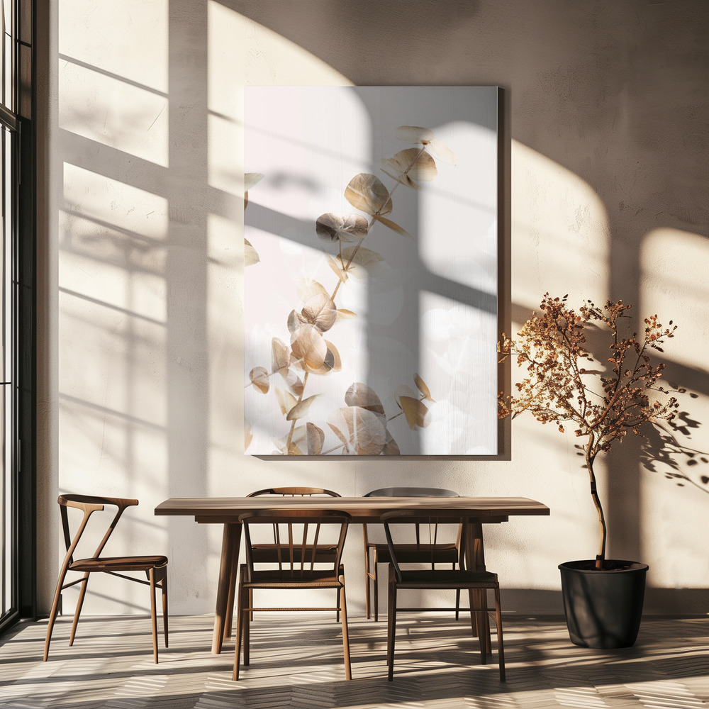 Leinwandbild - Eucalyptus Creative Gold 02 über dem Esstisch