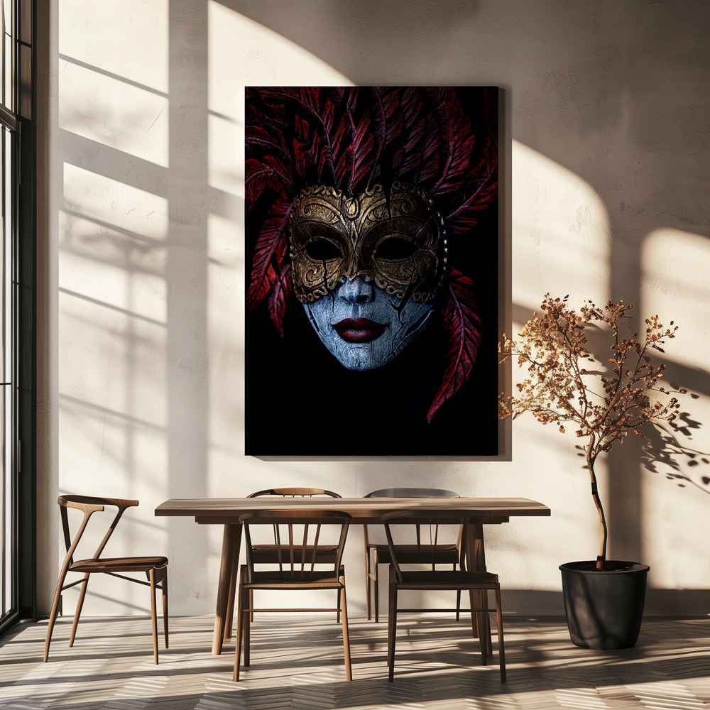 Lienzo - Where does the mask begin and end? sobre la mesa del comedor