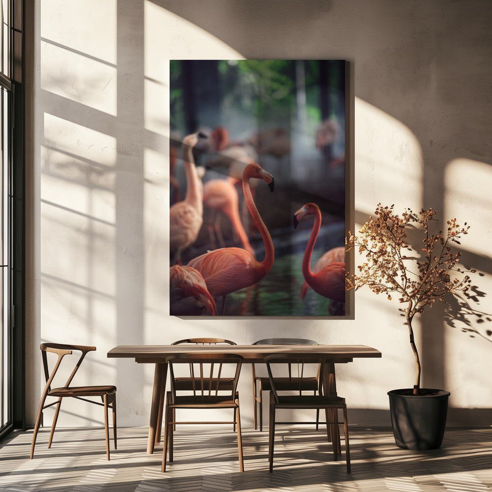 Canvas schilderi - Flamingo boven eettafel