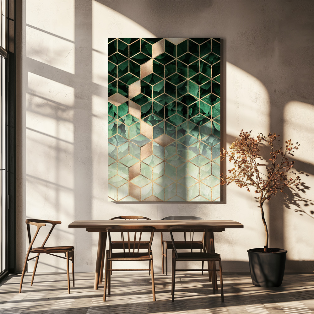 Leinwandbild - Leaves And Cubes über dem Esstisch