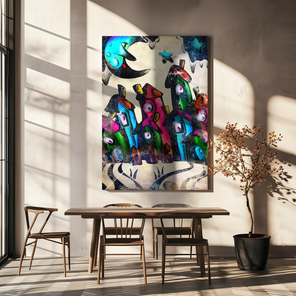 Canvas print - The moon is awake in the city over dining table