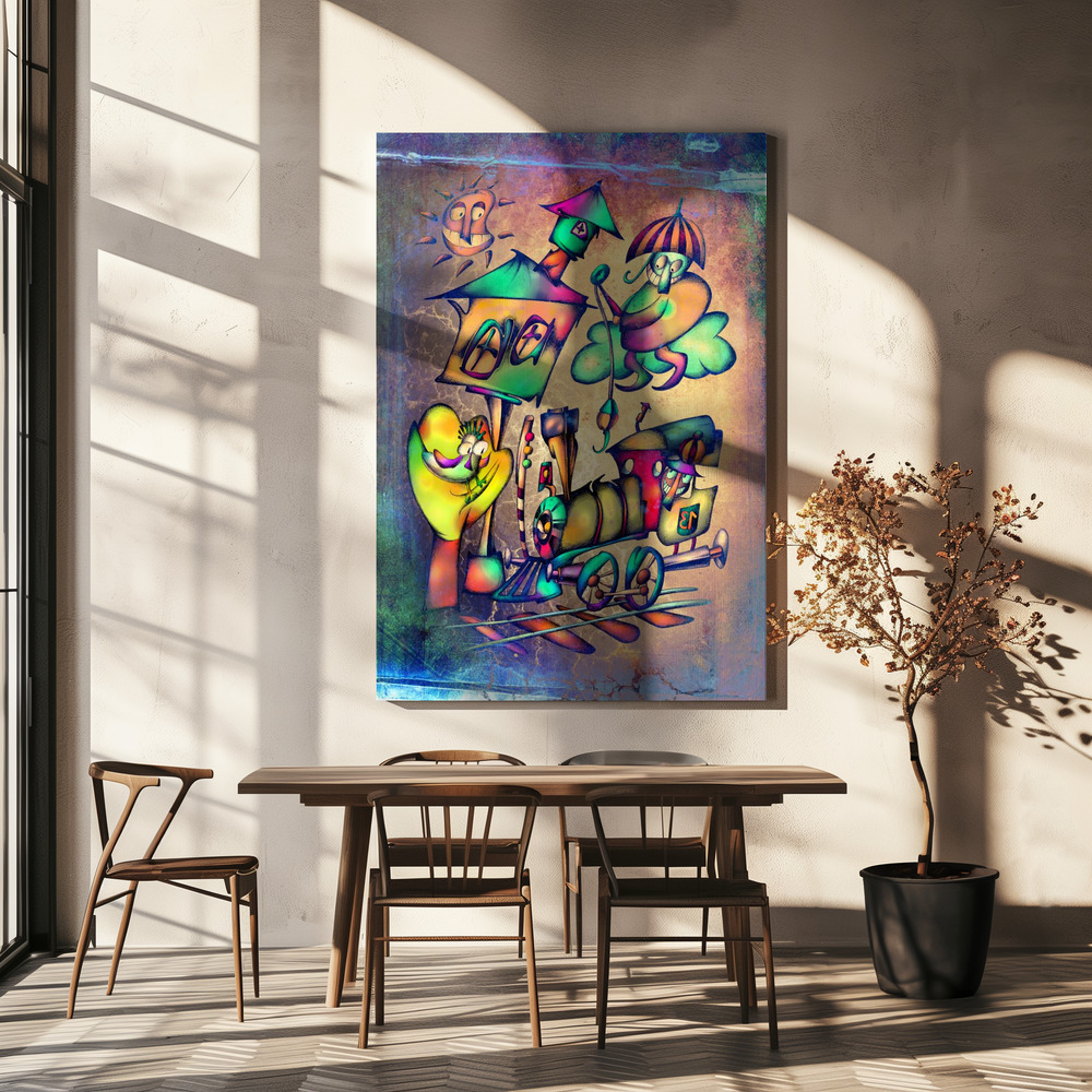 Canvas print - The umbrella man catches the locomotive over dining table