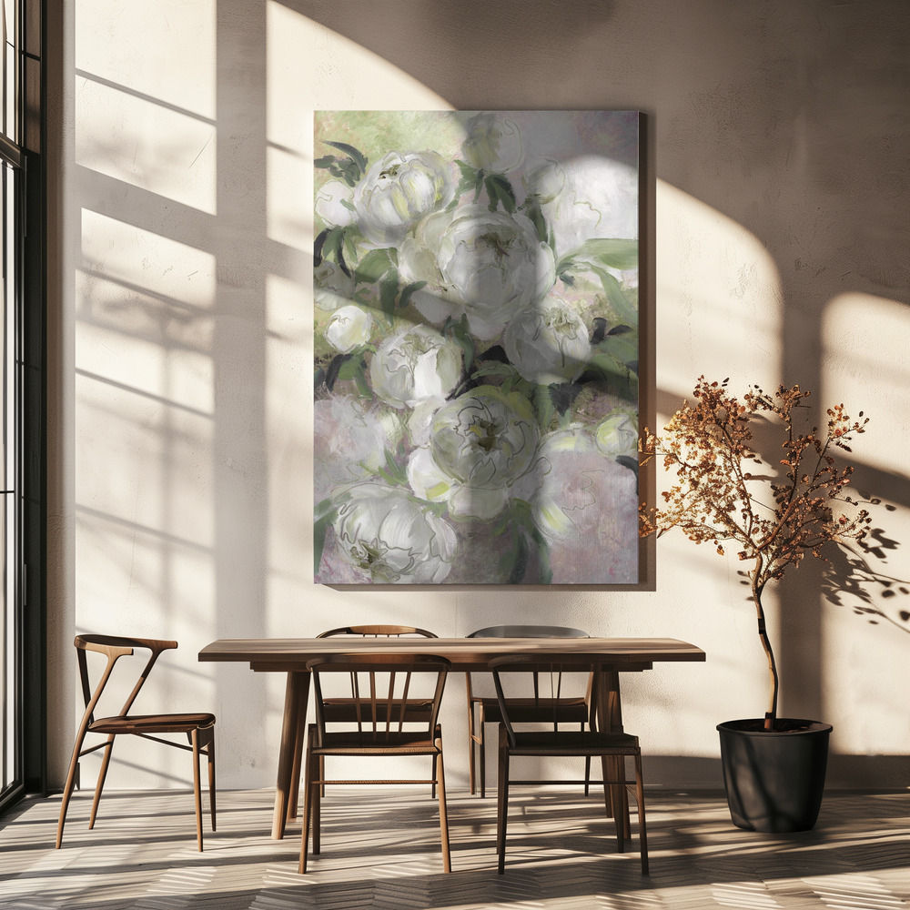 Canvas print - Sady painterly florals in green over dining table