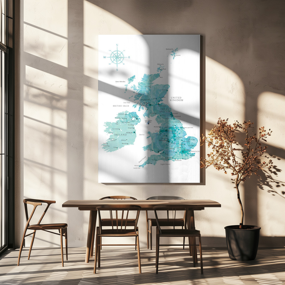 Stampe su tela - Aquamarine watercolor map of the United Kingdom sopra il tavolo da pranzo