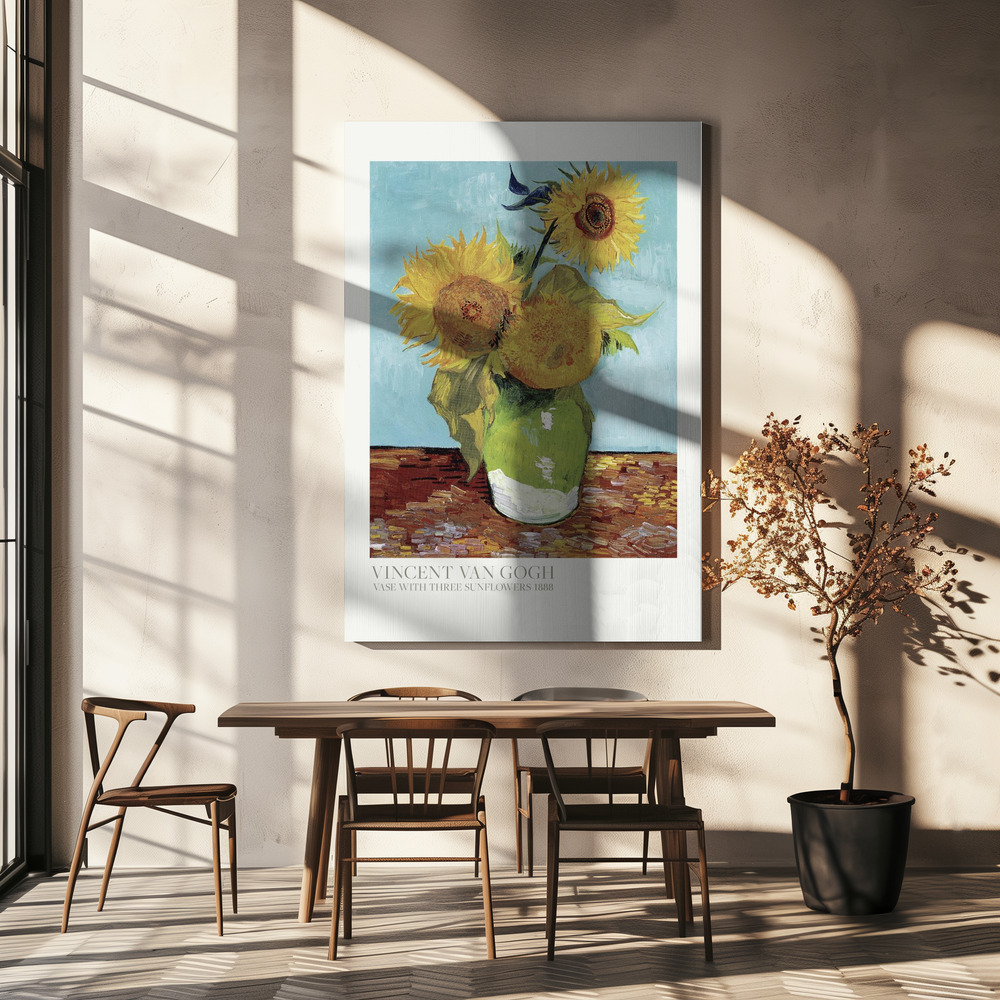 Lienzo - Vase With Three Sunflowers sobre la mesa del comedor