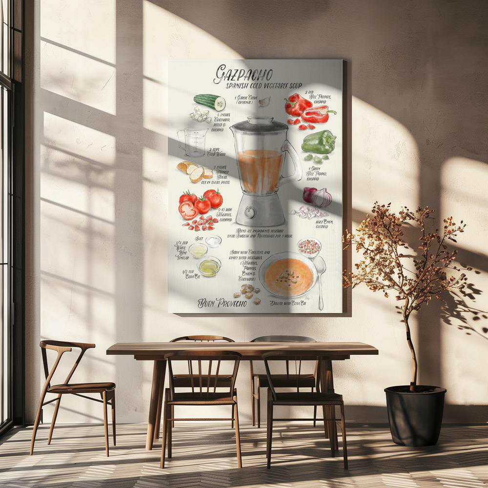 Lærred - Gazpacho illustrated recipe in English over spisebordet