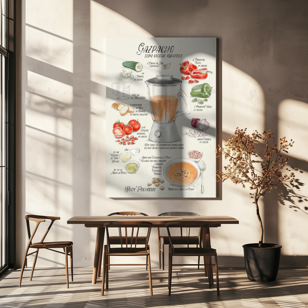 Lærred - Gazpacho illustrated recipe in Spanish over spisebordet