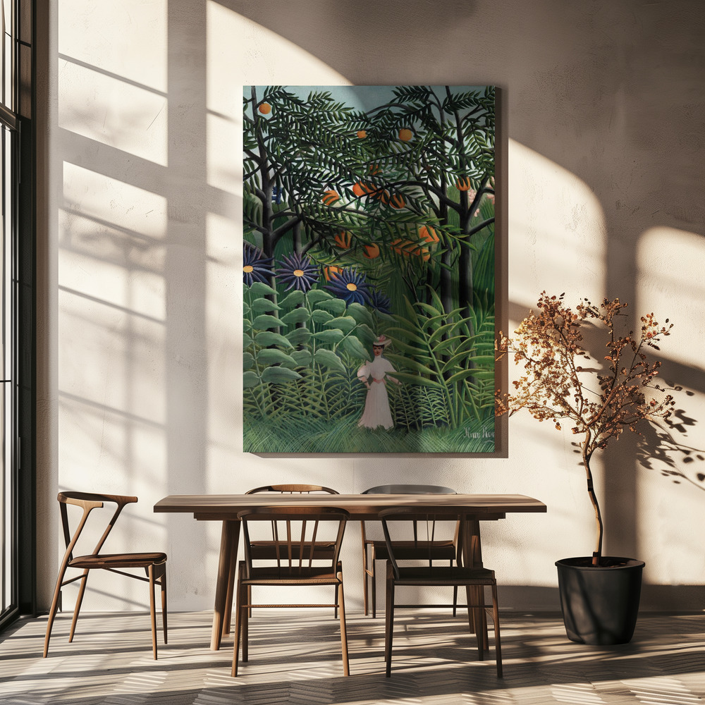 Canvas print - Femme Se Promenant Dans Une Foret Exotique over dining table
