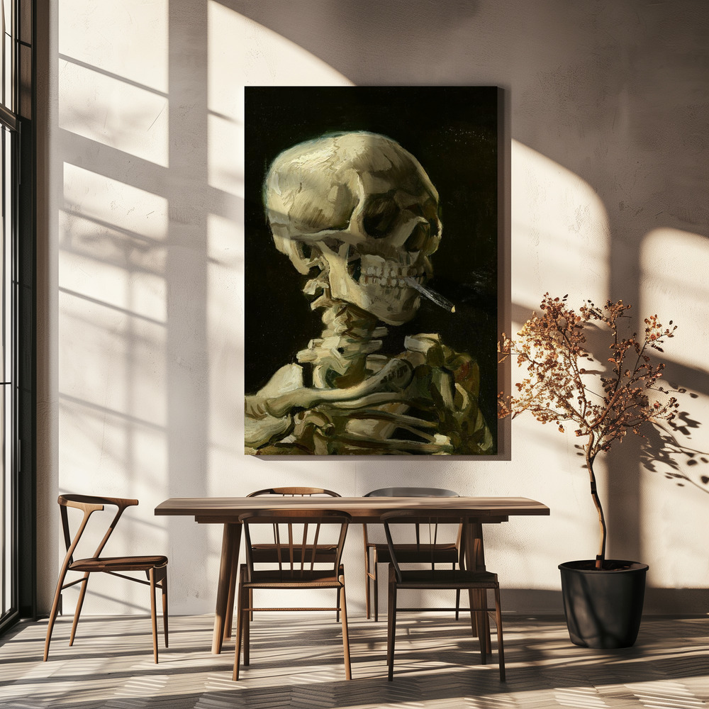 Canvas schilderi - Head of a skeleton with a burning cigarette boven eettafel