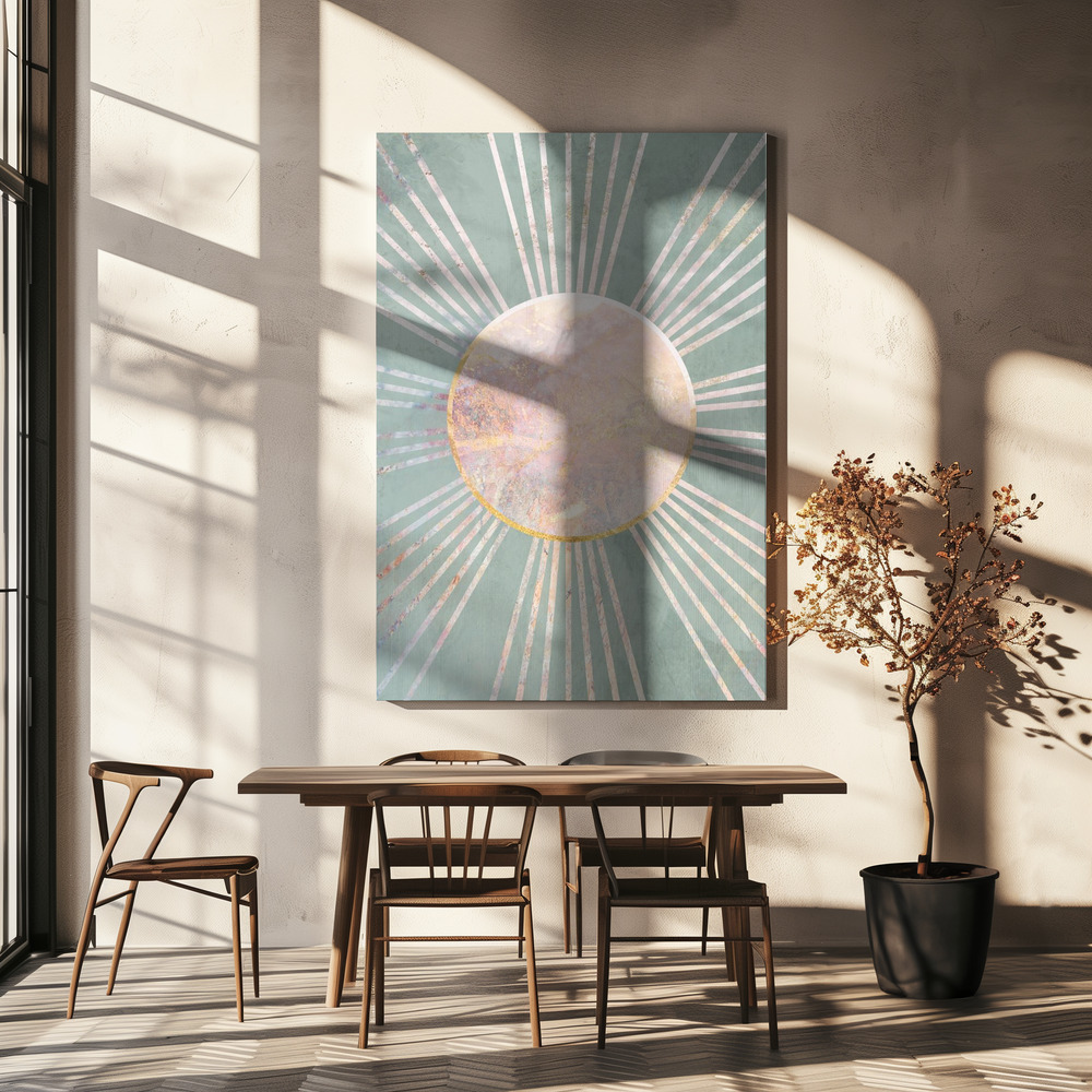 Stampe su tela - Sage Green Boho Sun Rays sopra il tavolo da pranzo