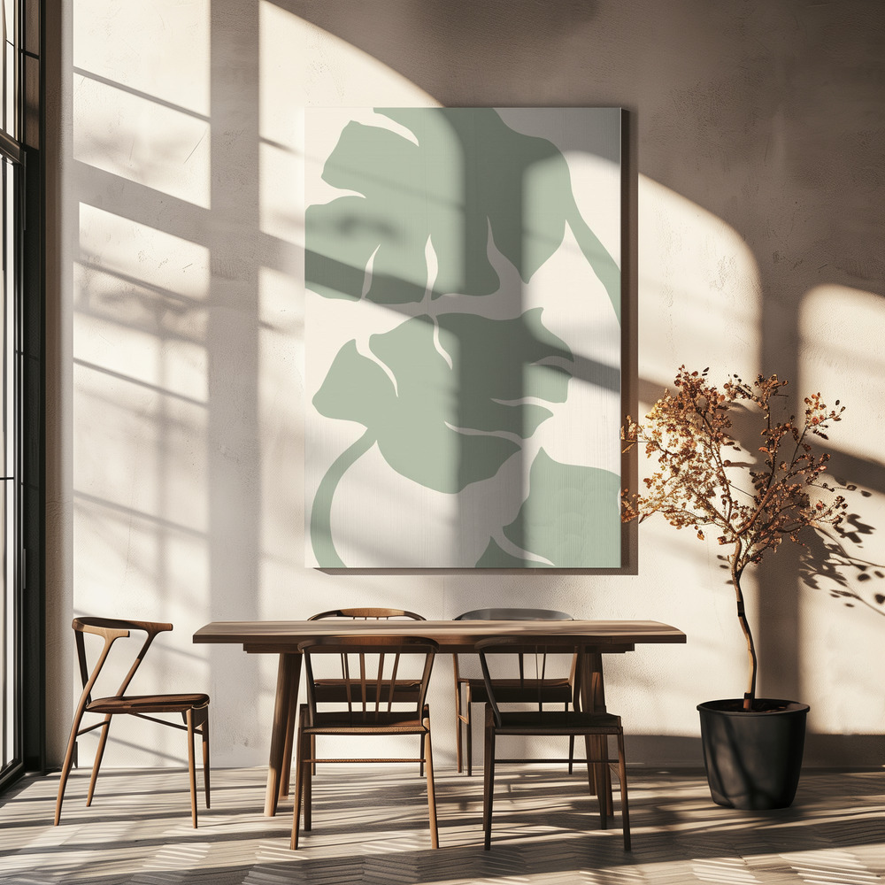 Canvas schilderi - Monstera Sage Green boven eettafel