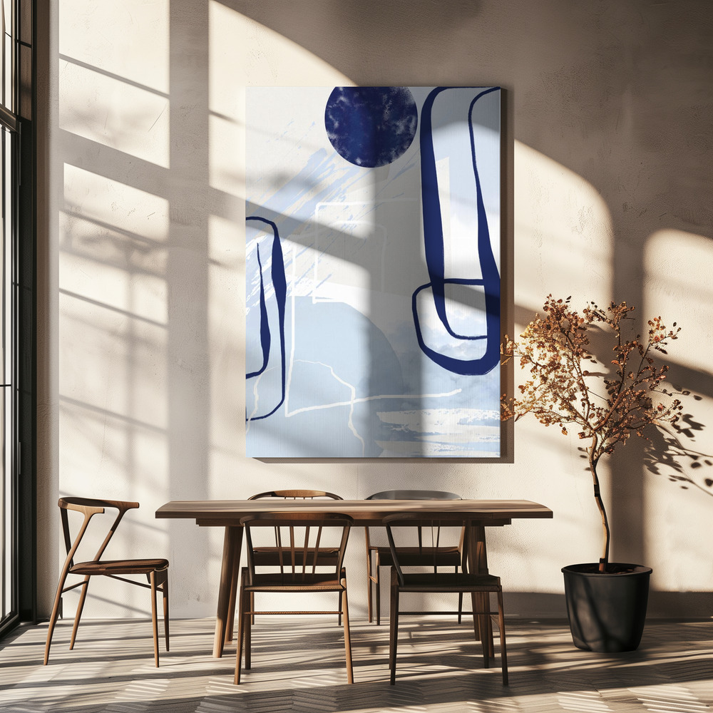 Lienzo - Lines of Blue-3 sobre la mesa del comedor