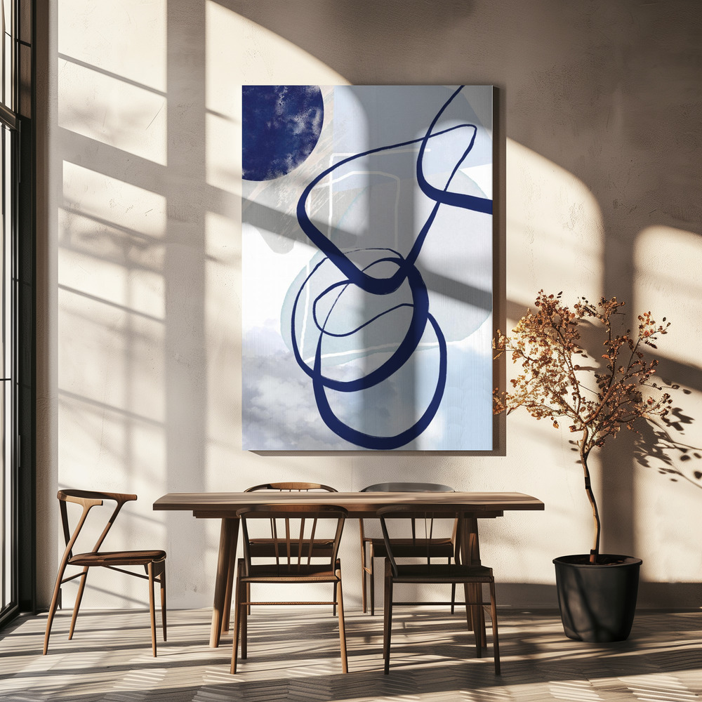 Lienzo - Lines of Blue-2 sobre la mesa del comedor