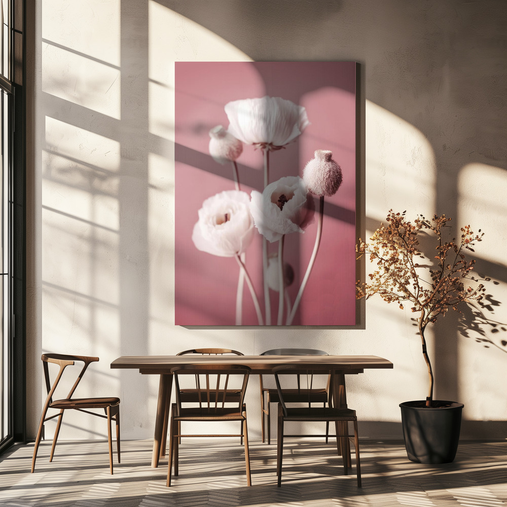 Lærred - White Poppy On Pink Background over spisebordet