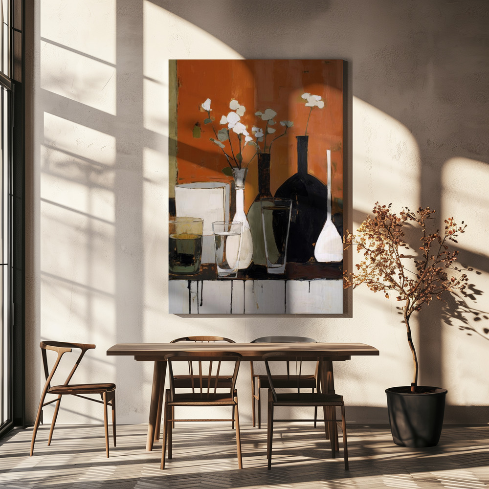 Canvas print - Stilllife With Glasses And Bottles over dining table