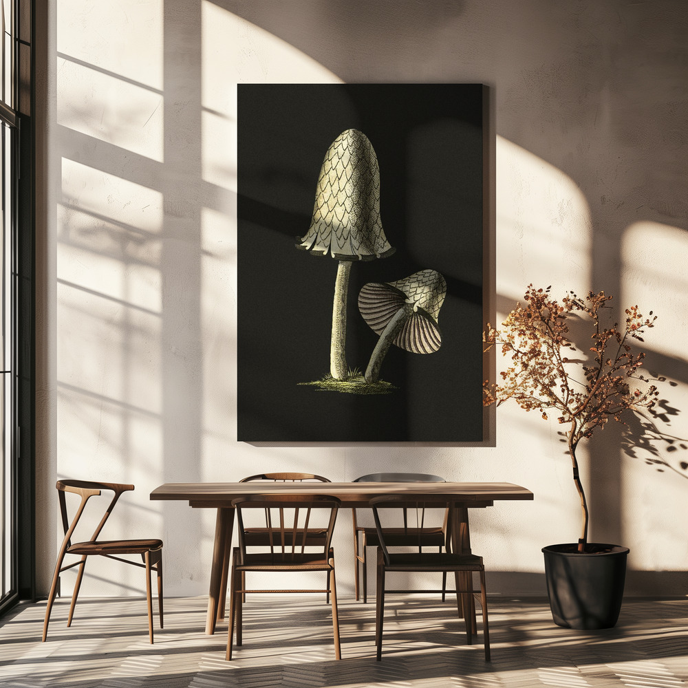 Canvas print - Vintage Inky Cap Edible Mushroom Black Background over dining table
