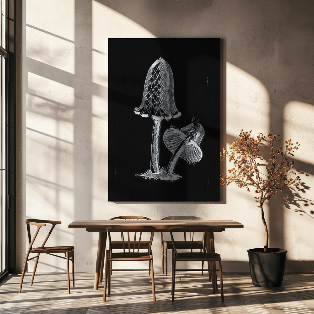 Canvas print - Vintage Inky Cap Edible Mushroom Dark BW over dining table