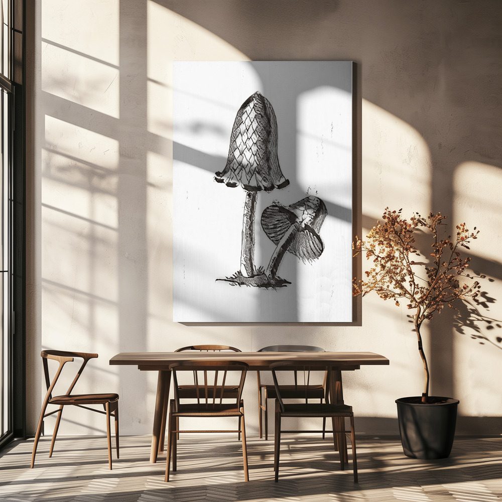 Canvas print - Vintage Inky Cap Edible Mushroom BW Bright over dining table