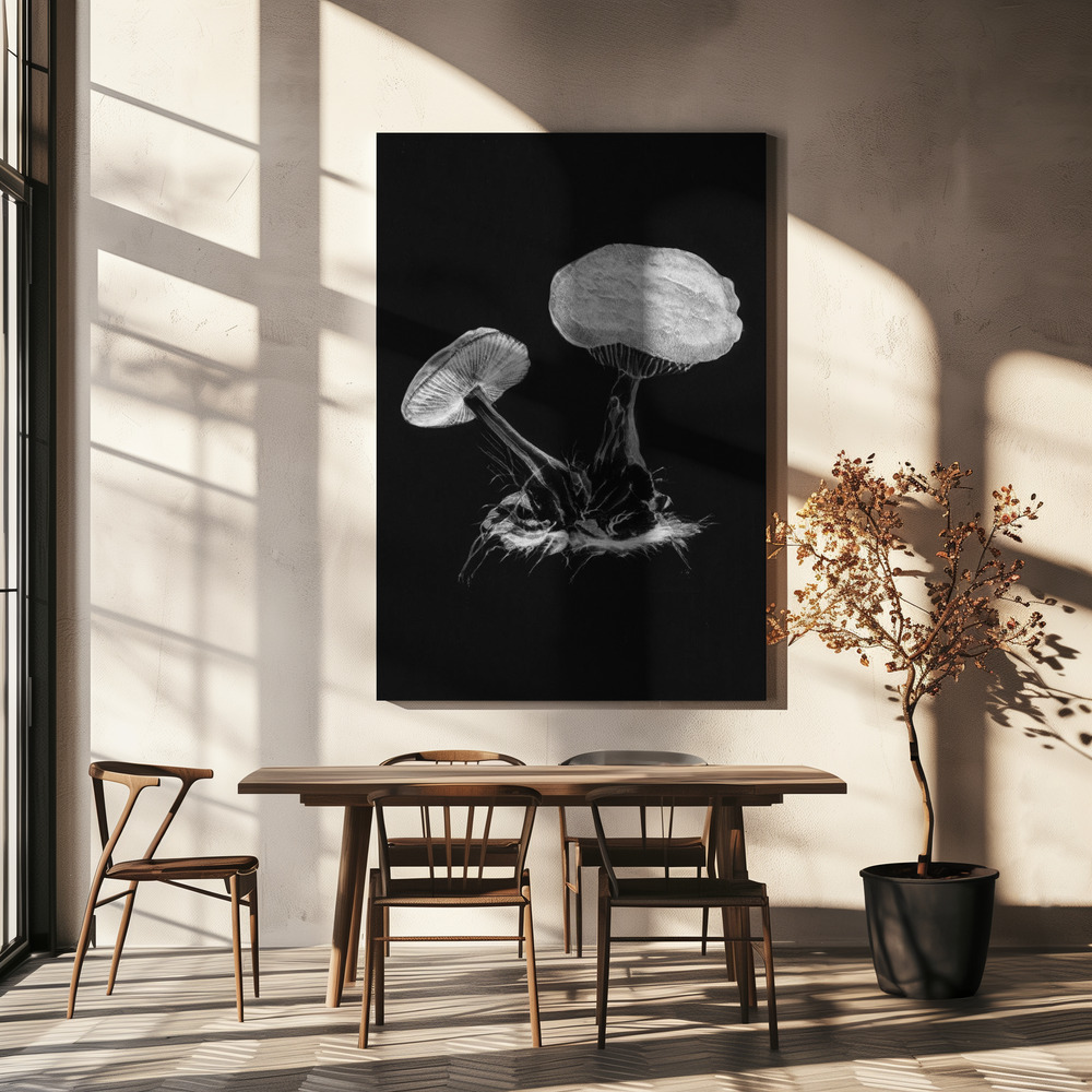 Canvas print - Vintage Violet Webcap Mushroom Dark BW over dining table