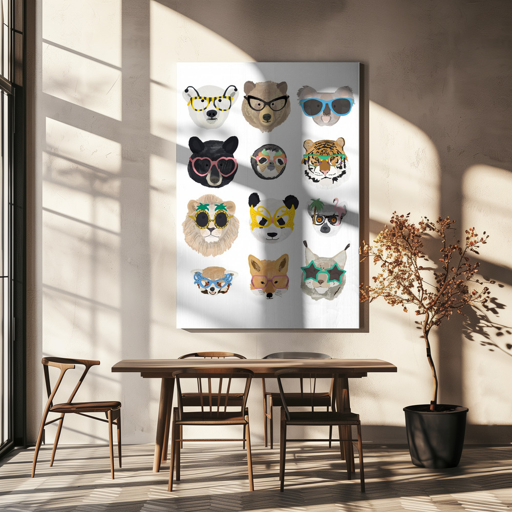 Canvas taulu - Big Cats in glasses print ruokapöydän yli