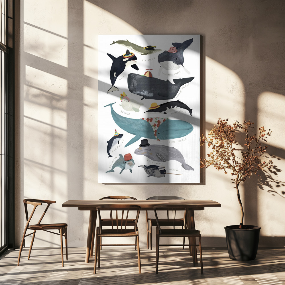Canvastavla Whales In Hats - Tavla över matbord