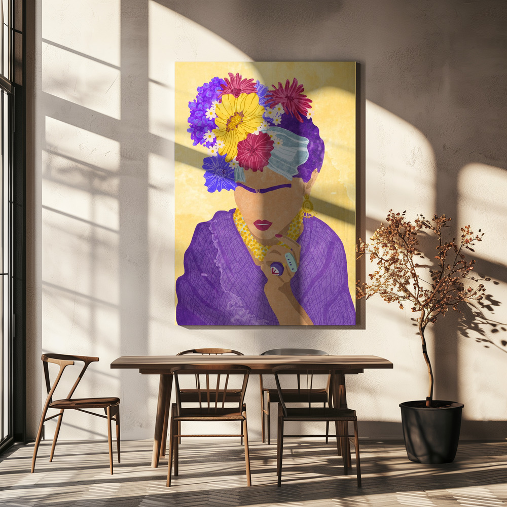 Canvas print - Frida and flowers over dining table