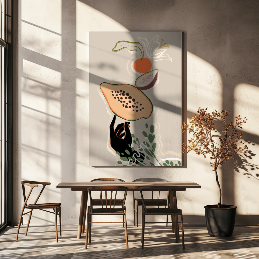 Lienzo - Balancing Fruits sobre la mesa del comedor