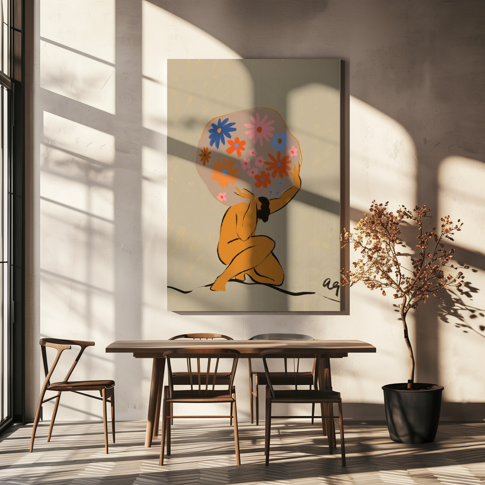 Lienzo - World On Her Shoulders sobre la mesa del comedor