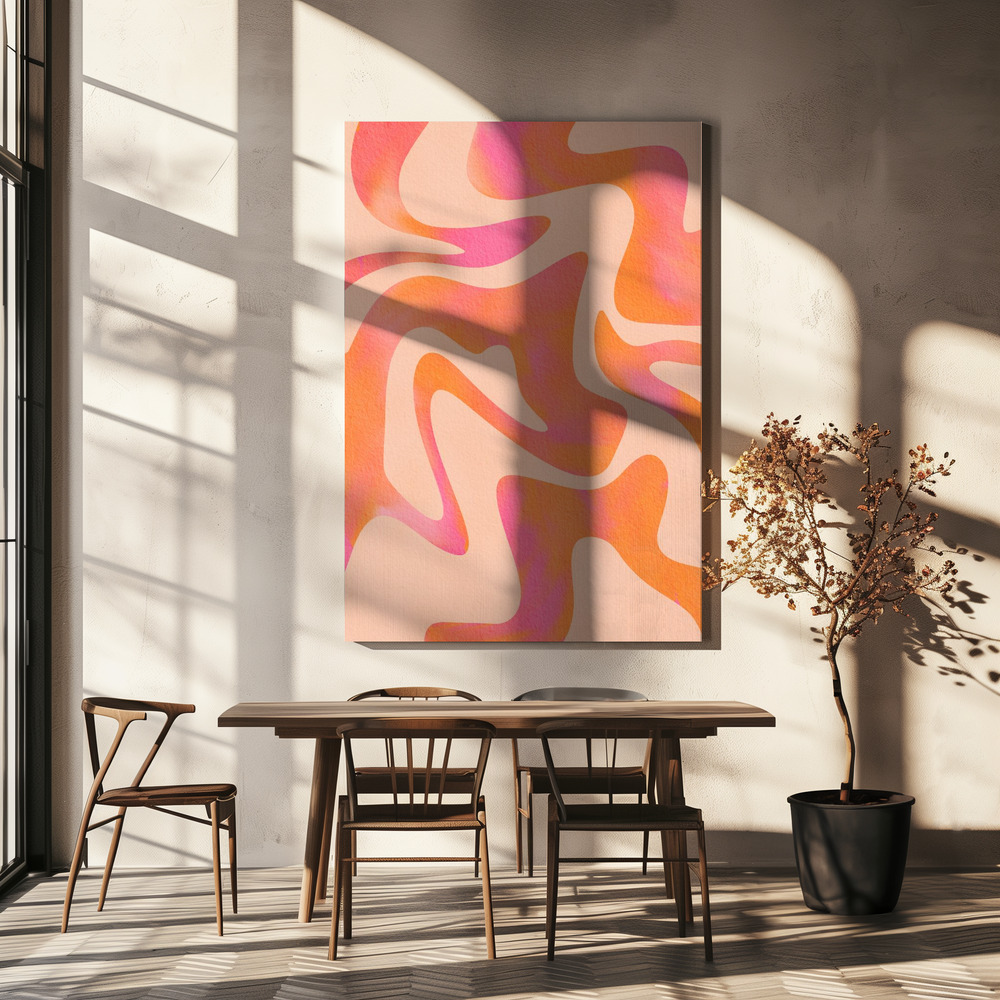 Lienzo - Abstract Wave - Peach Fuzz sobre la mesa del comedor