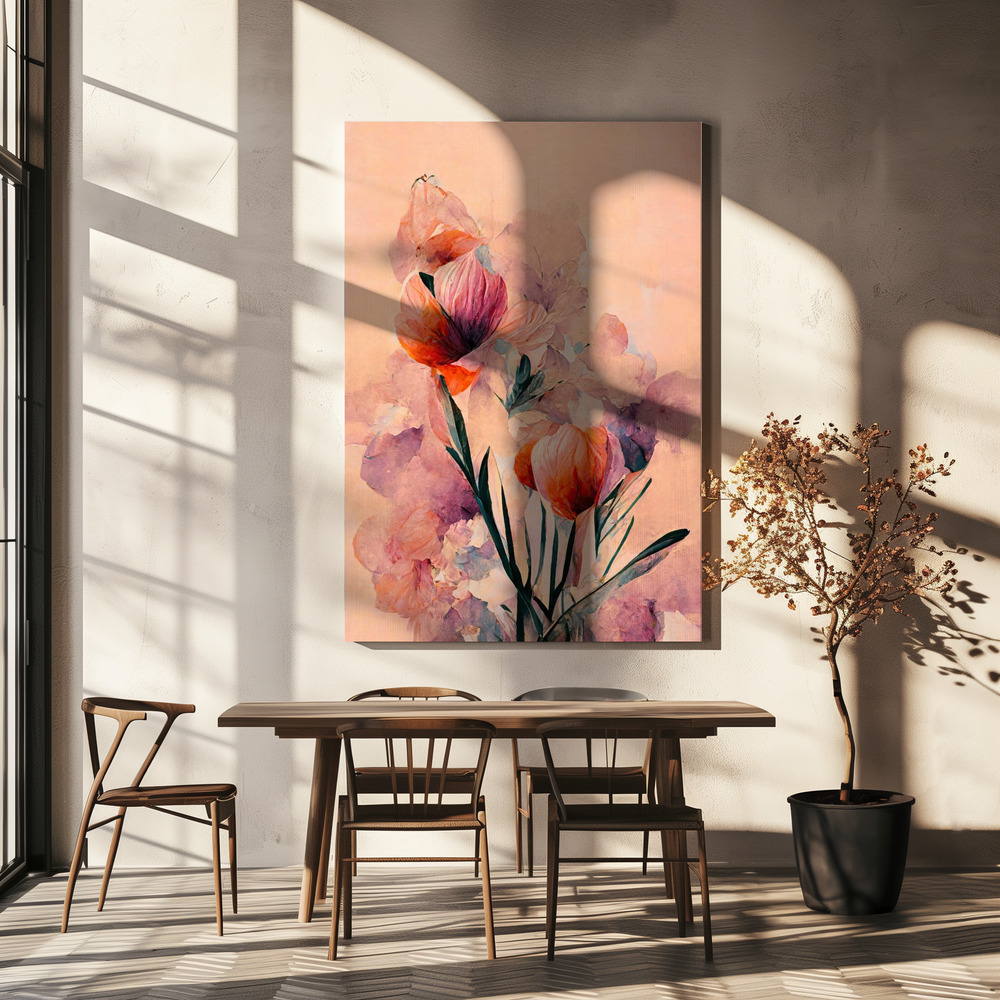 Stampe su tela - Abstract Coral Flowers (Peach) sopra il tavolo da pranzo