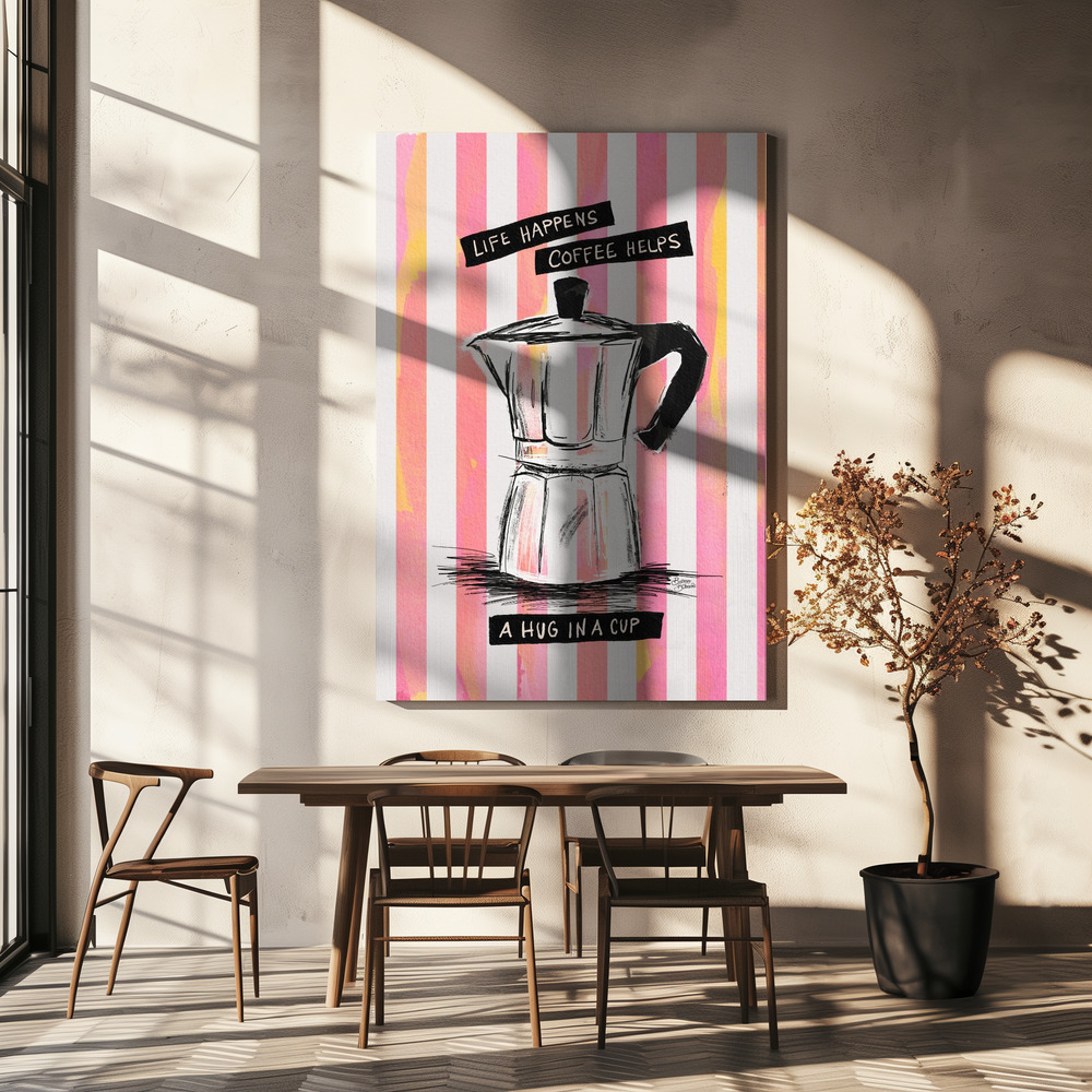 Stampe su tela - Mocca Coffee on Stripes - Hug in a Cup sopra il tavolo da pranzo