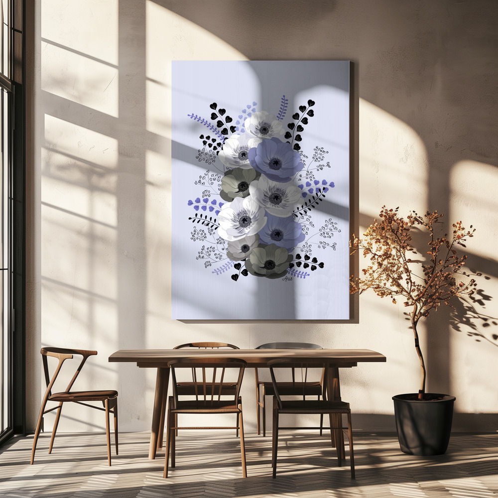 Canvas taulu - Anemones Floral Bouquet Blue ruokapöydän yli