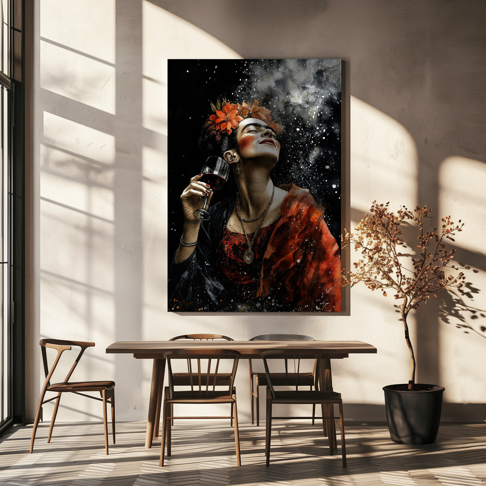 Canvas print - Frida and wine over dining table