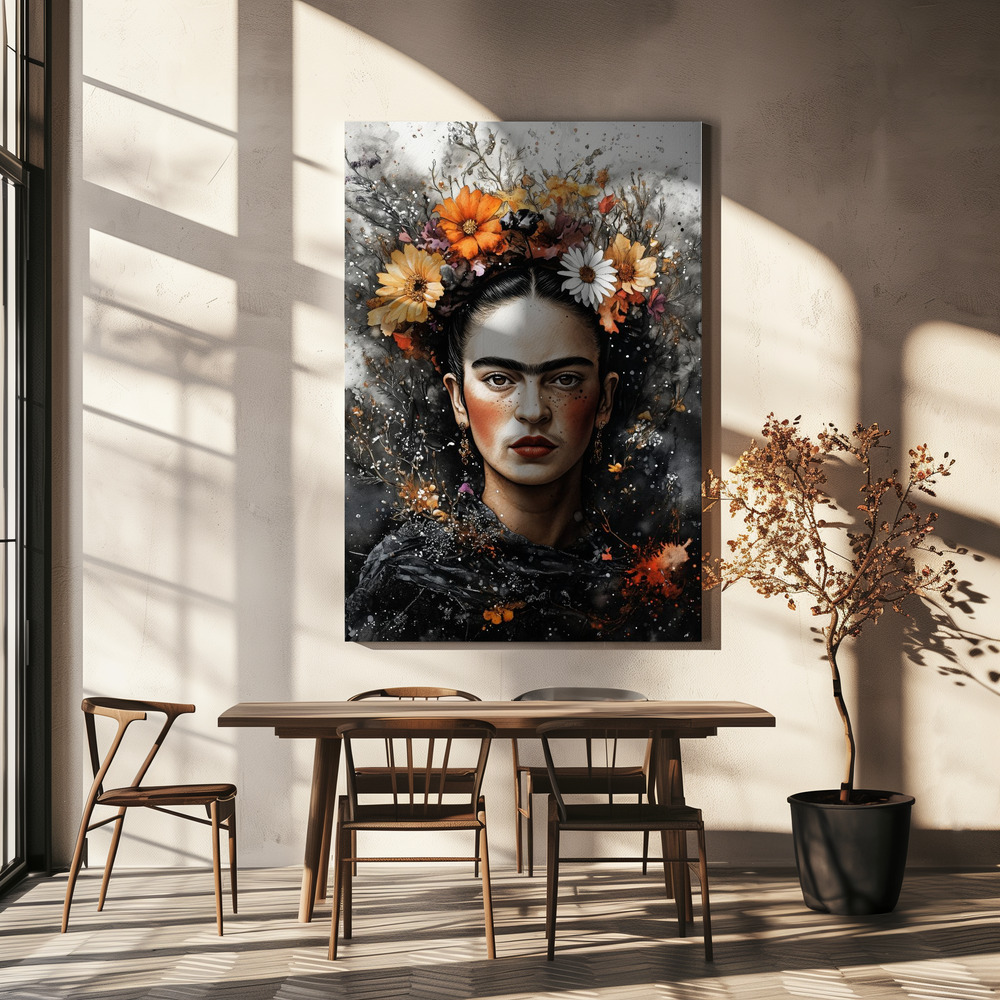 Canvas print - Frida portrait with flowers over dining table