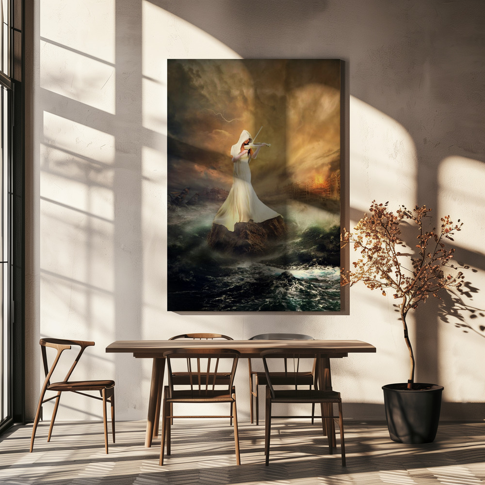 Lienzo - Rhythm of the storms sobre la mesa del comedor
