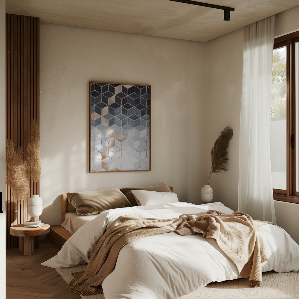 Poster - Soft Blue Gradient Cubes in slaapkamer