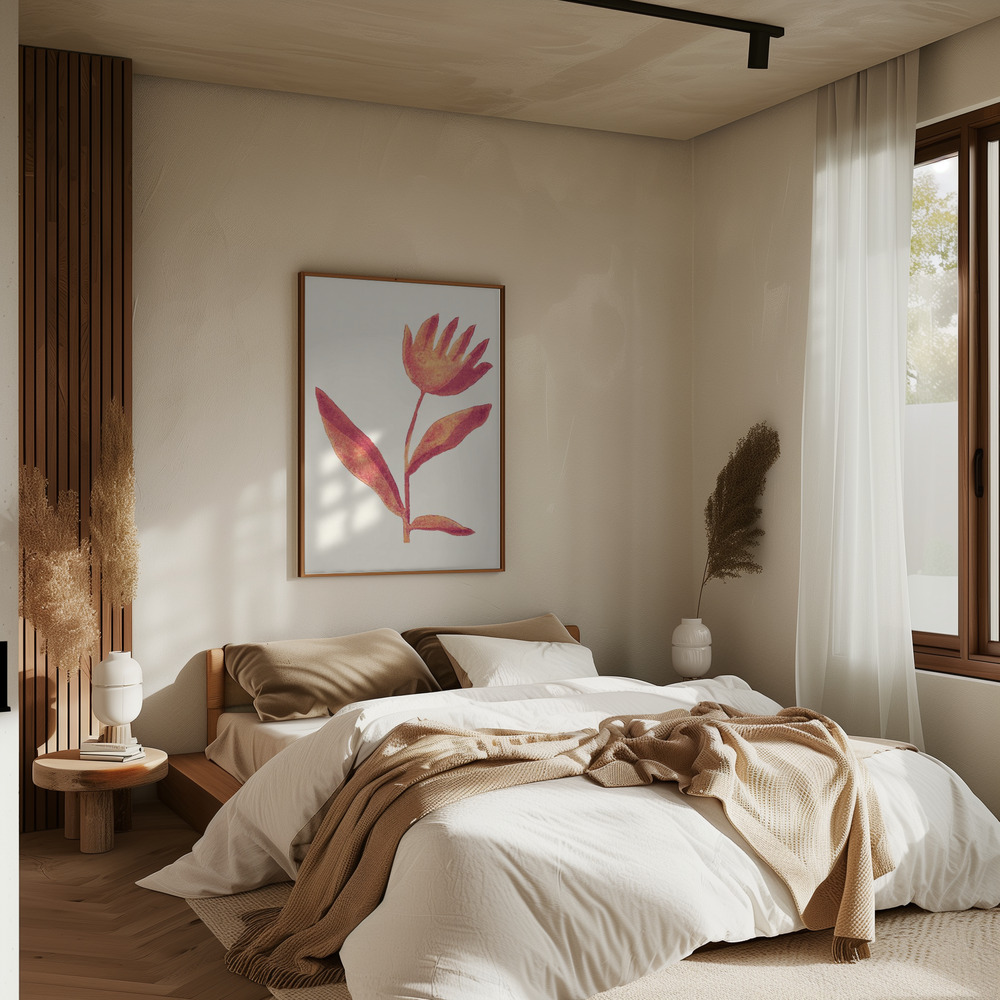 Poster - Linocut Flower / Viva Magenta in slaapkamer