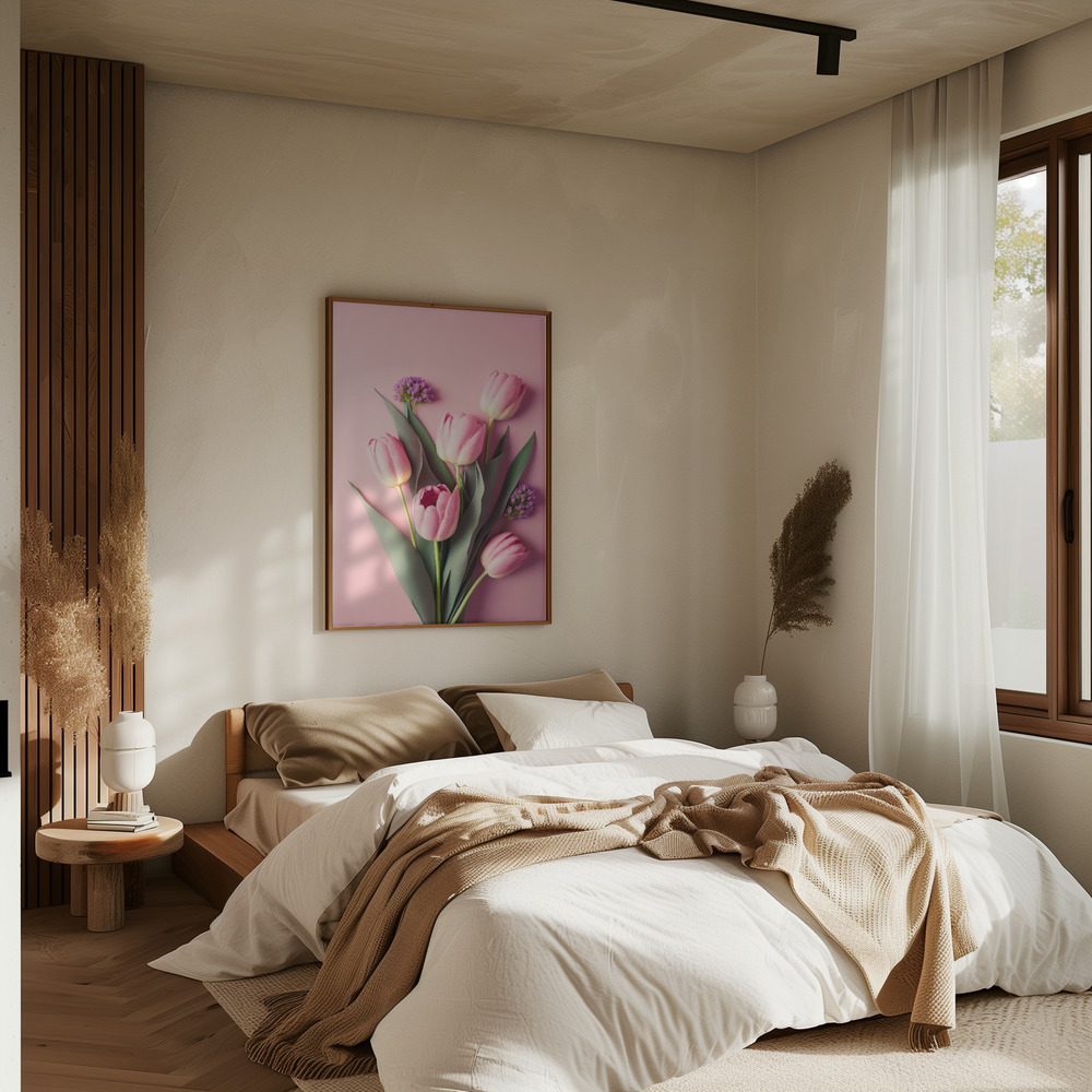 Plakat - Pink Tulips w sypialni